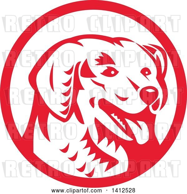 Vector Clip Art of Retro Woodcut Kuvasz Dog Head Panting in a Red and White Circle