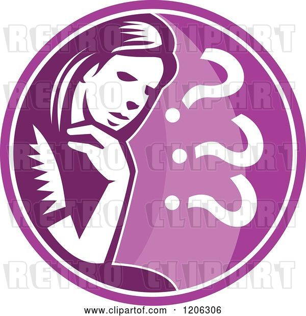 Vector Clip Art of Retro Woodcut Lady Thinking and Worrying in a Purple Circle