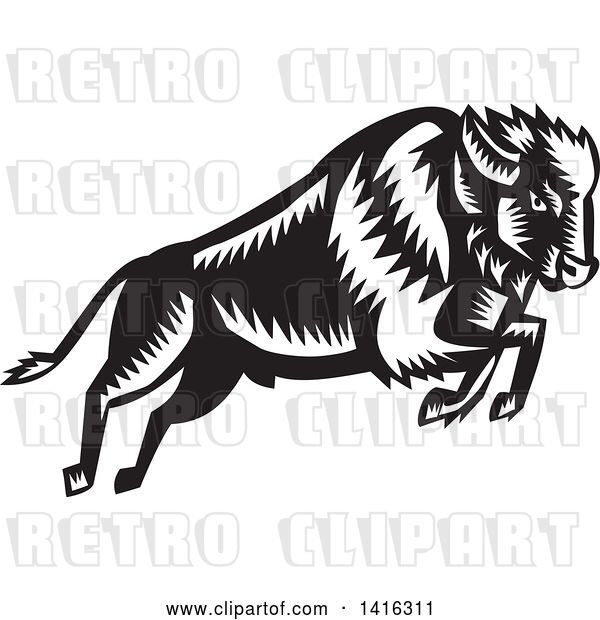Vector Clip Art of Retro Woodcut Leaping and Running Buffalo