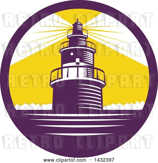 Vector Clip Art of Retro Woodcut Lighthouse with Lights Shining in a Purple, White and Yellow Circle