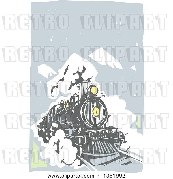 Vector Clip Art of Retro Woodcut Locomotive Train on a Rail Road Against Mountains and Sky