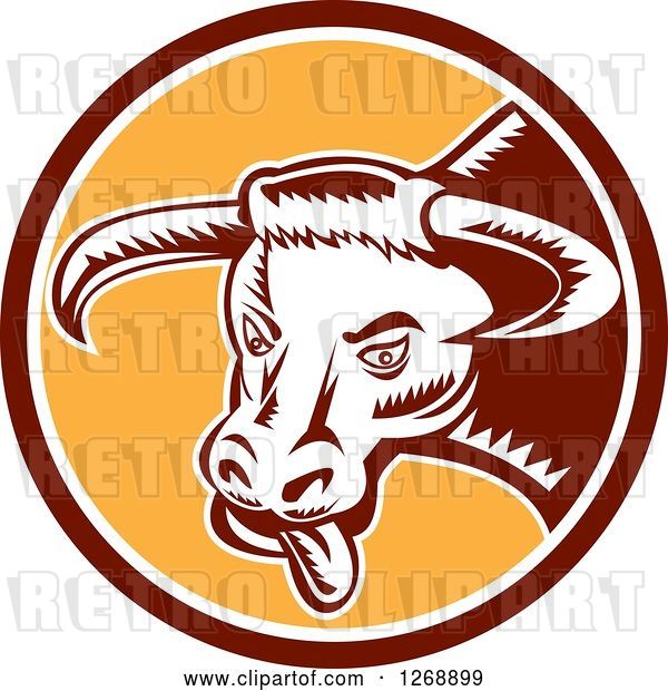 Vector Clip Art of Retro Woodcut Longhorn Bull with Its Tongue Hanging out in a Brown White and Yellow Circle