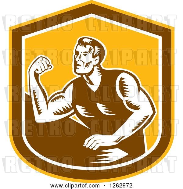Vector Clip Art of Retro Woodcut Male Arm Wrestling Champion in a Yellow Brown and White Shield