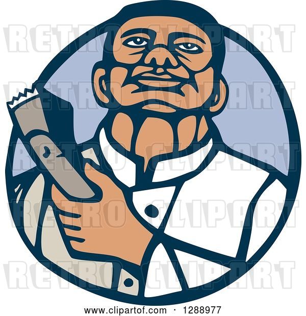 Vector Clip Art of Retro Woodcut Male Barber Holding Clippers in a Blue Circle