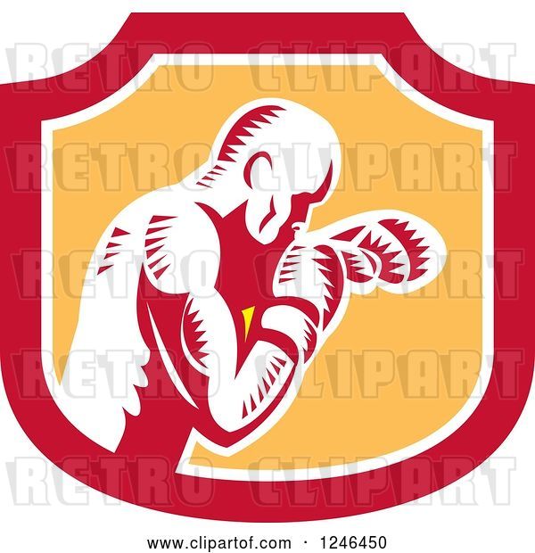 Vector Clip Art of Retro Woodcut Male Boxer Punching in a Shield