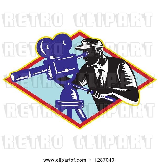 Vector Clip Art of Retro Woodcut Male Cameraman Working in a Yellow Red and Blue Diamond