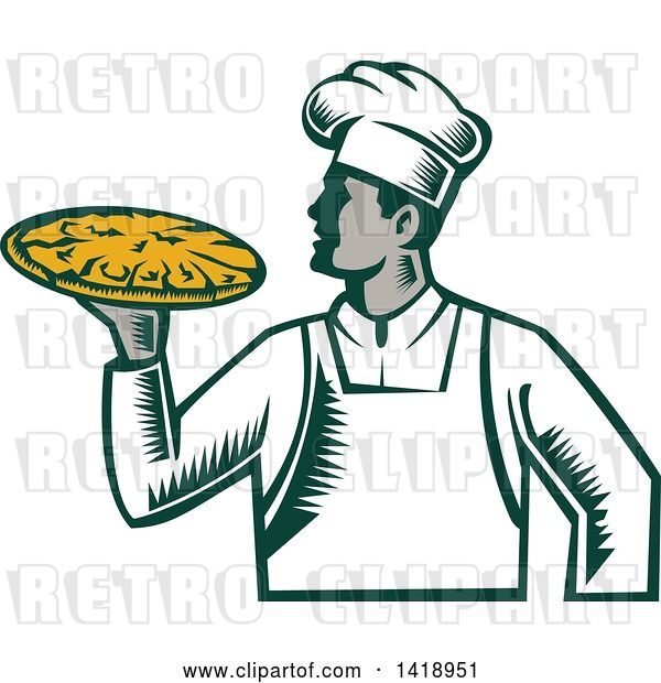 Vector Clip Art of Retro Woodcut Male Chef Holding a Pizza Pie