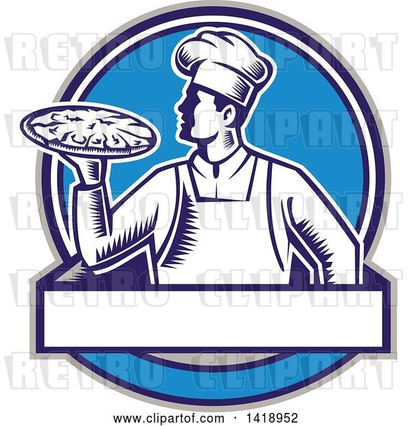 Vector Clip Art of Retro Woodcut Male Chef Holding a Pizza Pie in a Blue Design