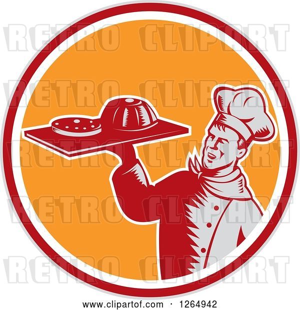 Vector Clip Art of Retro Woodcut Male Chef Holding Gelatin or Cake on a Platter in a Gray Red White and Orange Circle