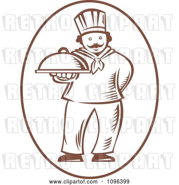 Vector Clip Art of Retro Woodcut Male Chef Holding out a Platter