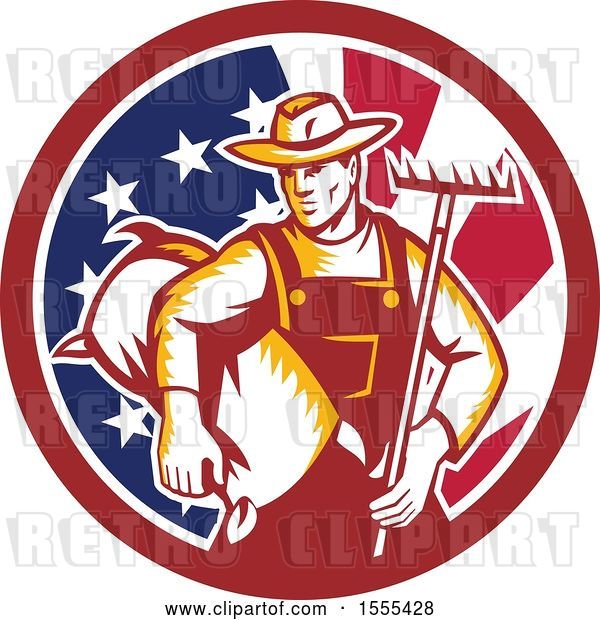 Vector Clip Art of Retro Woodcut Male Farmer Holding a Rake and Sack in an American Flag Circle