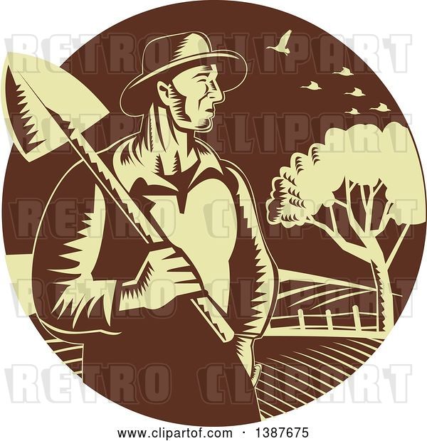 Vector Clip Art of Retro Woodcut Male Farmer Holding a Shovel Against Farmland in a Brown and Yellow Circle