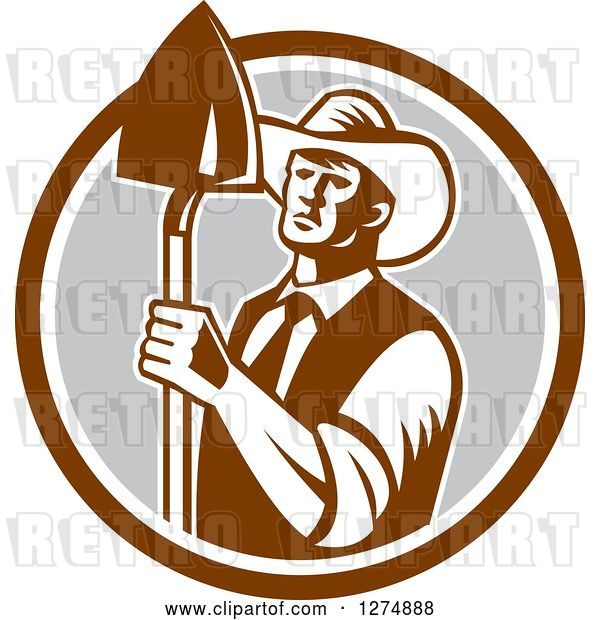 Vector Clip Art of Retro Woodcut Male Farmer Holding a Shovel in a Brown White and Gray Circle