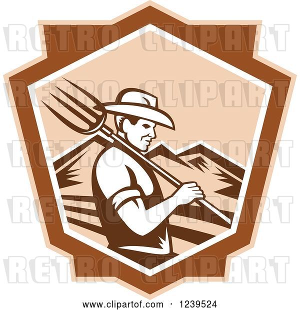 Vector Clip Art of Retro Woodcut Male Farmer with a Pitchfork and Mountains in a Shield