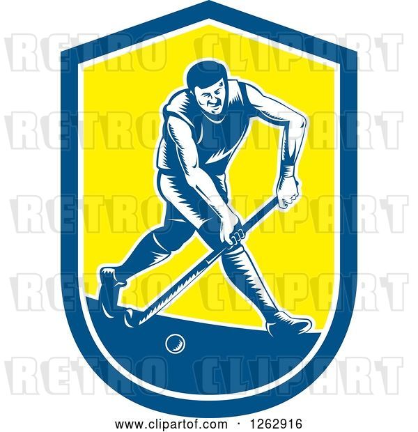 Vector Clip Art of Retro Woodcut Male Field Hokey Player in a Blue White and Yellow Shield