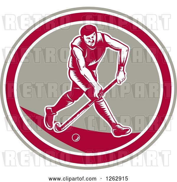 Vector Clip Art of Retro Woodcut Male Field Hokey Player in a Taupe White and Pink Oval