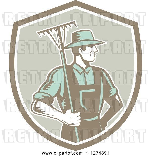 Vector Clip Art of Retro Woodcut Male Gardener or Farmer Holding a Rake in a Shield