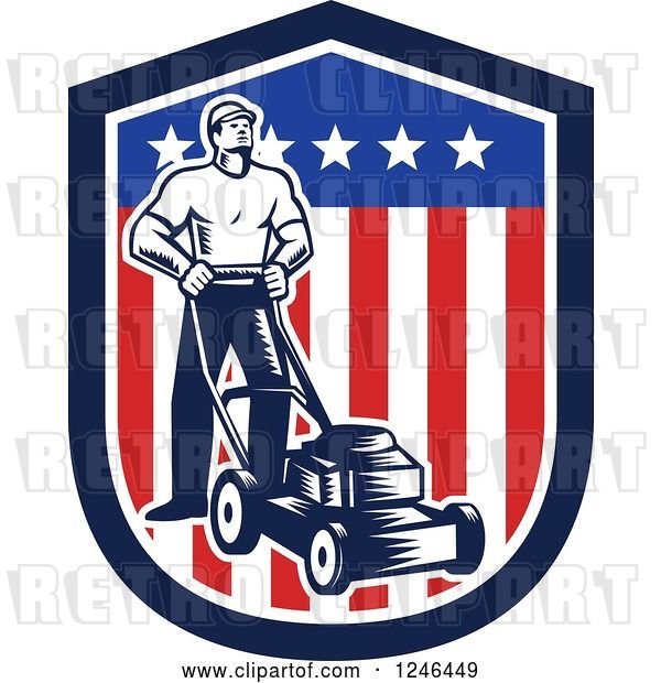 Vector Clip Art of Retro Woodcut Male Gardener with a Mower in an American Shield