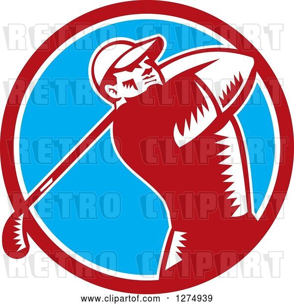 Vector Clip Art of Retro Woodcut Male Golfer Swinging in a Red White and Blue Circle