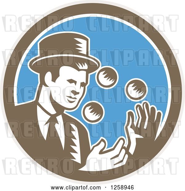 Vector Clip Art of Retro Woodcut Male Magician Juggling in a Brown White and Blue Circle