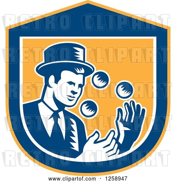 Vector Clip Art of Retro Woodcut Male Magician Juggling in a Yellow Blue and White Shield