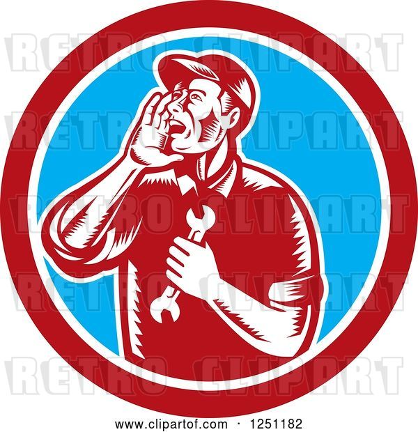 Vector Clip Art of Retro Woodcut Male Mechanic Holding a Spanner Wrench and Calling out in a Circle
