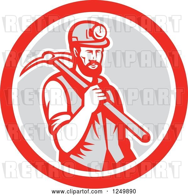 Vector Clip Art of Retro Woodcut Male Miner with a Pickaxe in a Gray and Red Circle