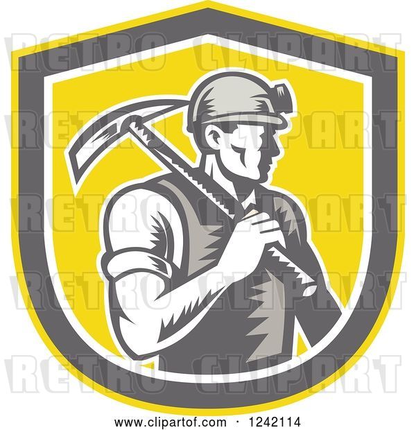 Vector Clip Art of Retro Woodcut Male Miner Worker with a Pickaxe in a Yellow Shield