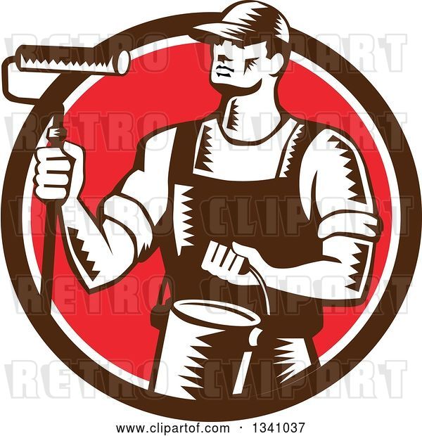 Vector Clip Art of Retro Woodcut Male Painter Holding a Roller Brush and Can in a Brown White and Red Circle
