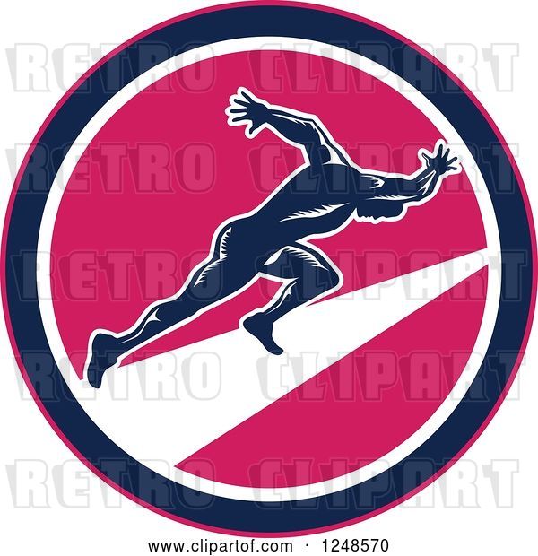 Vector Clip Art of Retro Woodcut Male Runner Sprinting in a Pink Circle