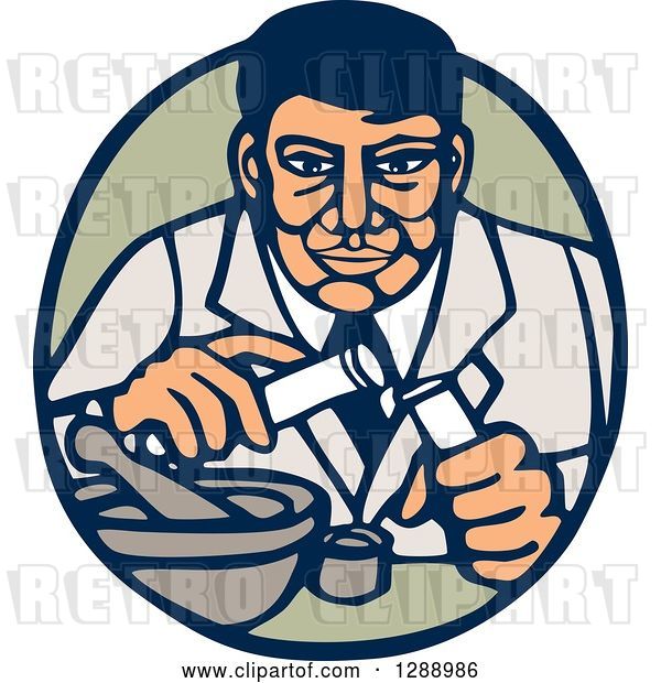 Vector Clip Art of Retro Woodcut Male Scientist Transfering Items in Test Tubes in a Blue and Green Oval