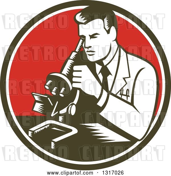 Vector Clip Art of Retro Woodcut Male Scientist Using a Microscope in a Dark Green, White and Red Circle