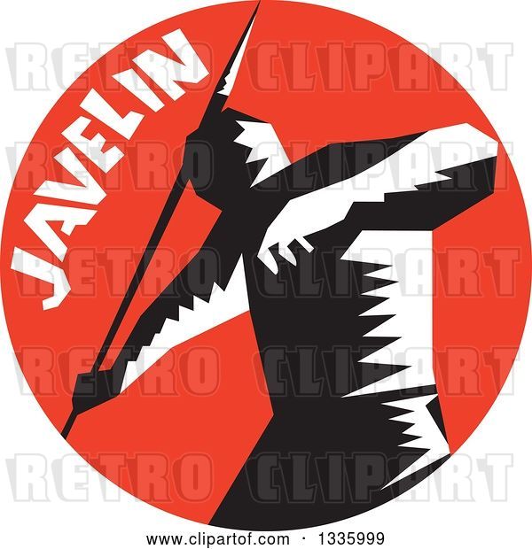 Vector Clip Art of Retro Woodcut Male Track and Field Athlete Throwing a Javelin with Text in a Red Circle