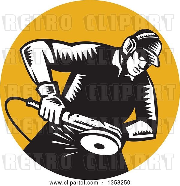 Vector Clip Art of Retro Woodcut Male Worker Using an Angle Grander in an Orange Circle