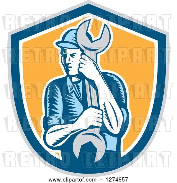 Vector Clip Art of Retro Woodcut Mechanic Guy Holding a Giant Spanner Wrench in a Gray Blue White and Yellow Shield