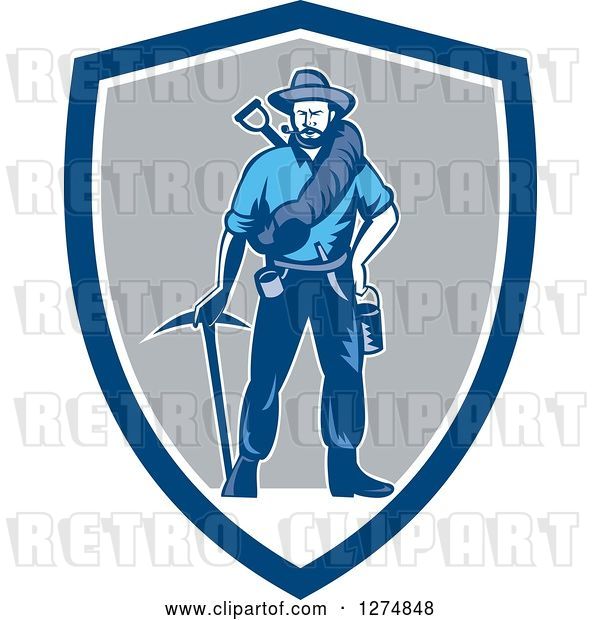Vector Clip Art of Retro Woodcut Miner Prospector Guy with Gear in a Blue White and Gray Shield