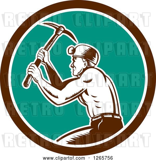 Vector Clip Art of Retro Woodcut Miner Working with a Pickaxe in a Brown White and Turquoise Circle