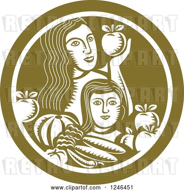 Vector Clip Art of Retro Woodcut Mother and Child with Produce in a Green Circle