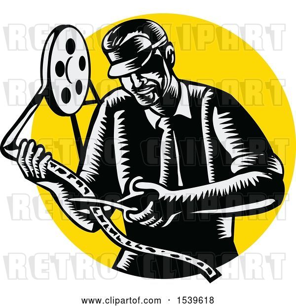 Vector Clip Art of Retro Woodcut Movie Director Cutting a Film Reel, over a Yellow Circle