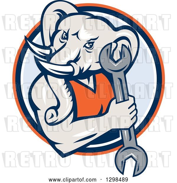 Vector Clip Art of Retro Woodcut Muscular Elephant Guy Mechanic Holding a Wrench in an Orange Blue and White Circle