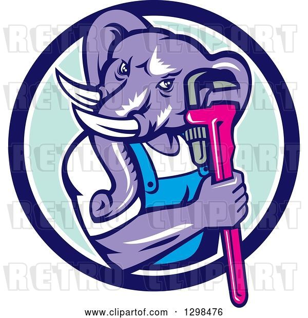 Vector Clip Art of Retro Woodcut Muscular Purple Elephant Guy Plumber Holding a Wrench in a Blue White and Turquoise Circle