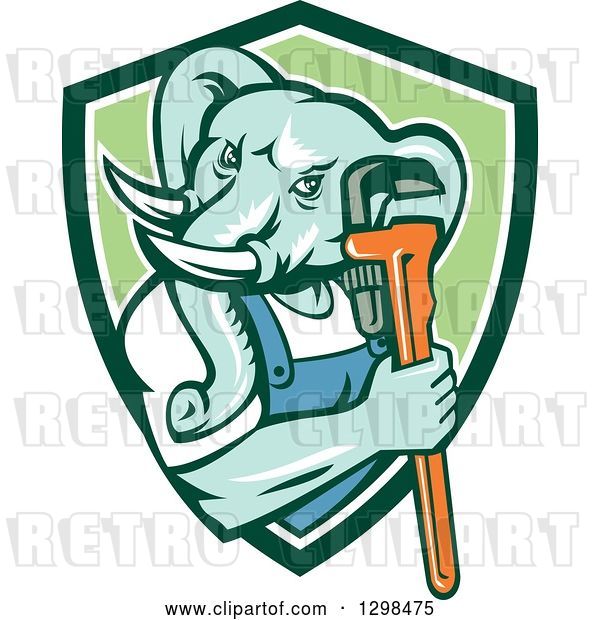 Vector Clip Art of Retro Woodcut Muscular Turquoise Elephant Guy Plumber Holding a Wrench in a Green and White Shield