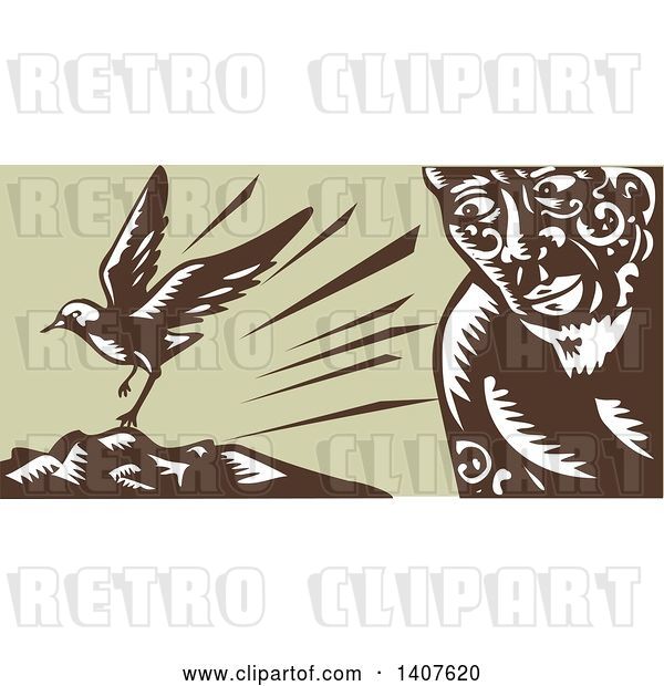 Vector Clip Art of Retro Woodcut of a God, Tagaloa, Looking at His Plover Bird Daughter Landing on a Treeless Island