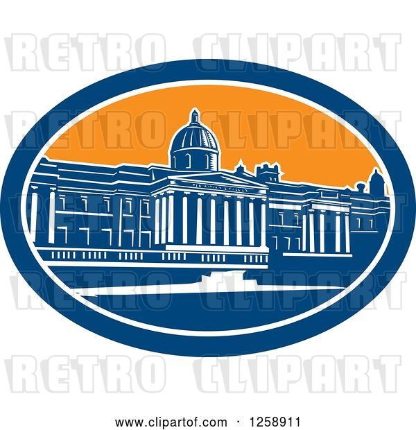 Vector Clip Art of Retro Woodcut of the National Gallery Building in Trafalgar Square, London, England