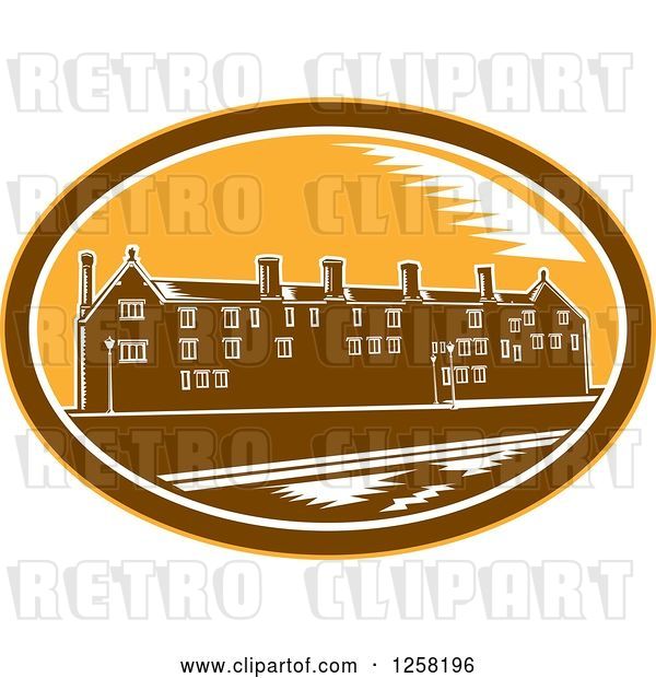 Vector Clip Art of Retro Woodcut of the University of Cambridge in a Brown White and Yellow Oval