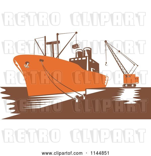 Vector Clip Art of Retro Woodcut Orange Cargo Carrier Ship at Dock