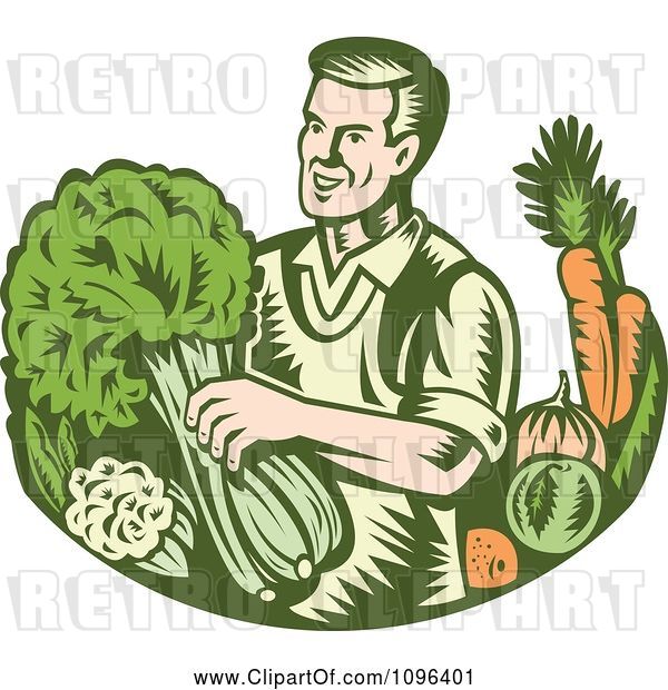 Vector Clip Art of Retro Woodcut Organic Farmer with with Leafy Green and Root Vegetables