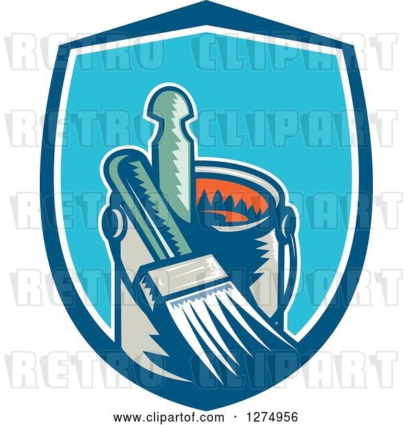 Vector Clip Art of Retro Woodcut Paintbrush and Can in a Blue and White Shield