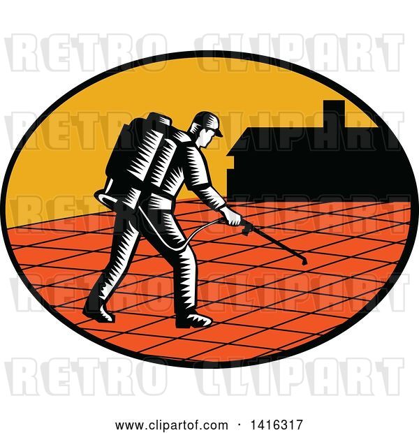 Vector Clip Art of Retro Woodcut Paver Sealer Contractor Worker Sealing Paving near a House