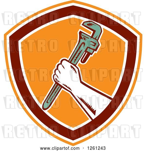 Vector Clip Art of Retro Woodcut Plumber Hand Holding a Monkey Wrench in an Orange Maroon and White Shield
